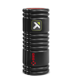 TriggerPoint GRID X foam roller in black standing upright with logo